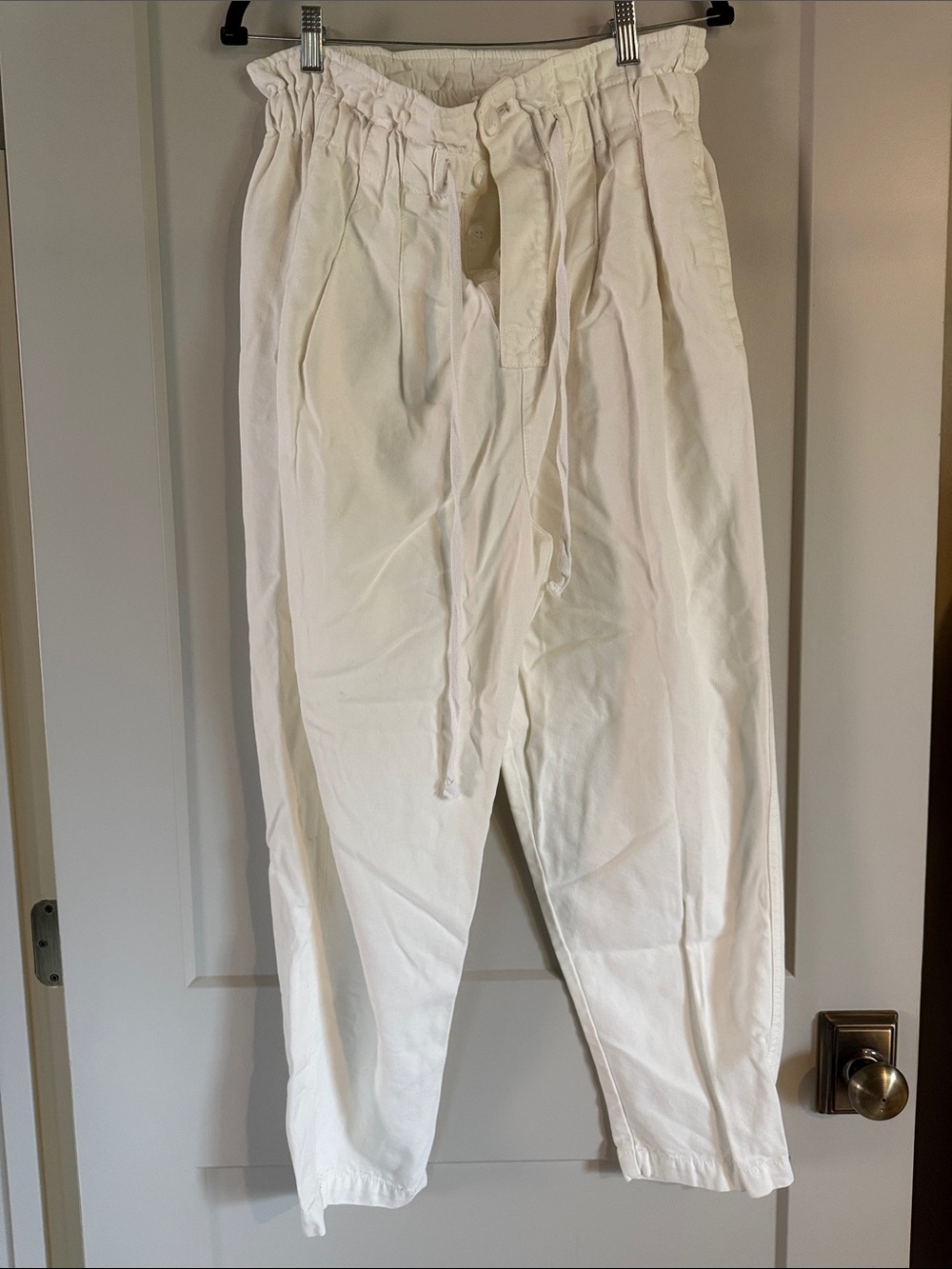 White Drawstring Paperbag Waist Pants